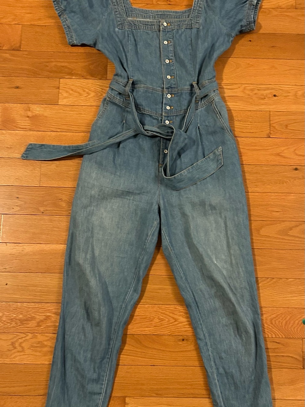 Pilcro and the Letterpress Anthropologie Aimee Denim Puff Slv Belt Jumpsuit Sz 8